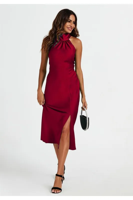 FS Collection Satin Halter Neck Tie Back Midi Dress In Red sold by Goddiva
