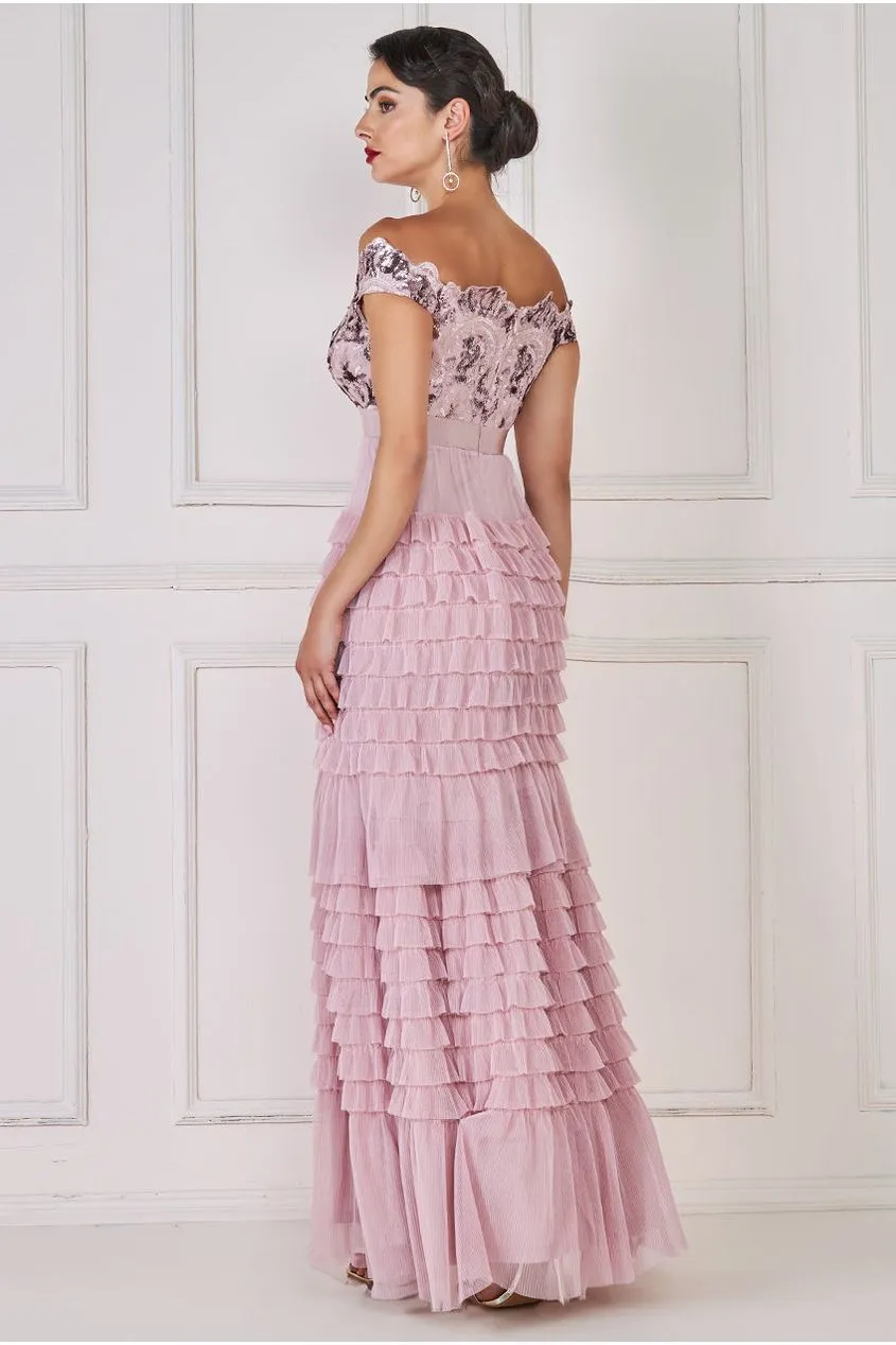 Scallop Bardot Ruffle Mesh Maxi - Blush by Goddiva sold by Goddiva product image thumbnail 2