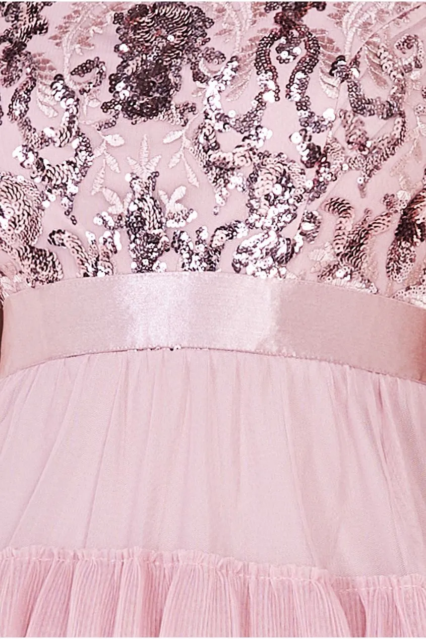 Scallop Bardot Ruffle Mesh Maxi - Blush by Goddiva sold by Goddiva product image thumbnail 4