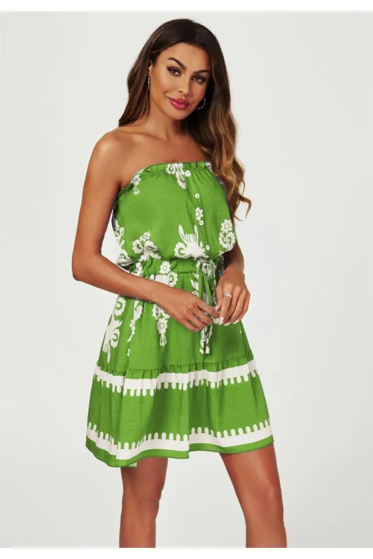 FS Collection Printed Broderie Strapless Mini Dress In Green sold by Goddiva