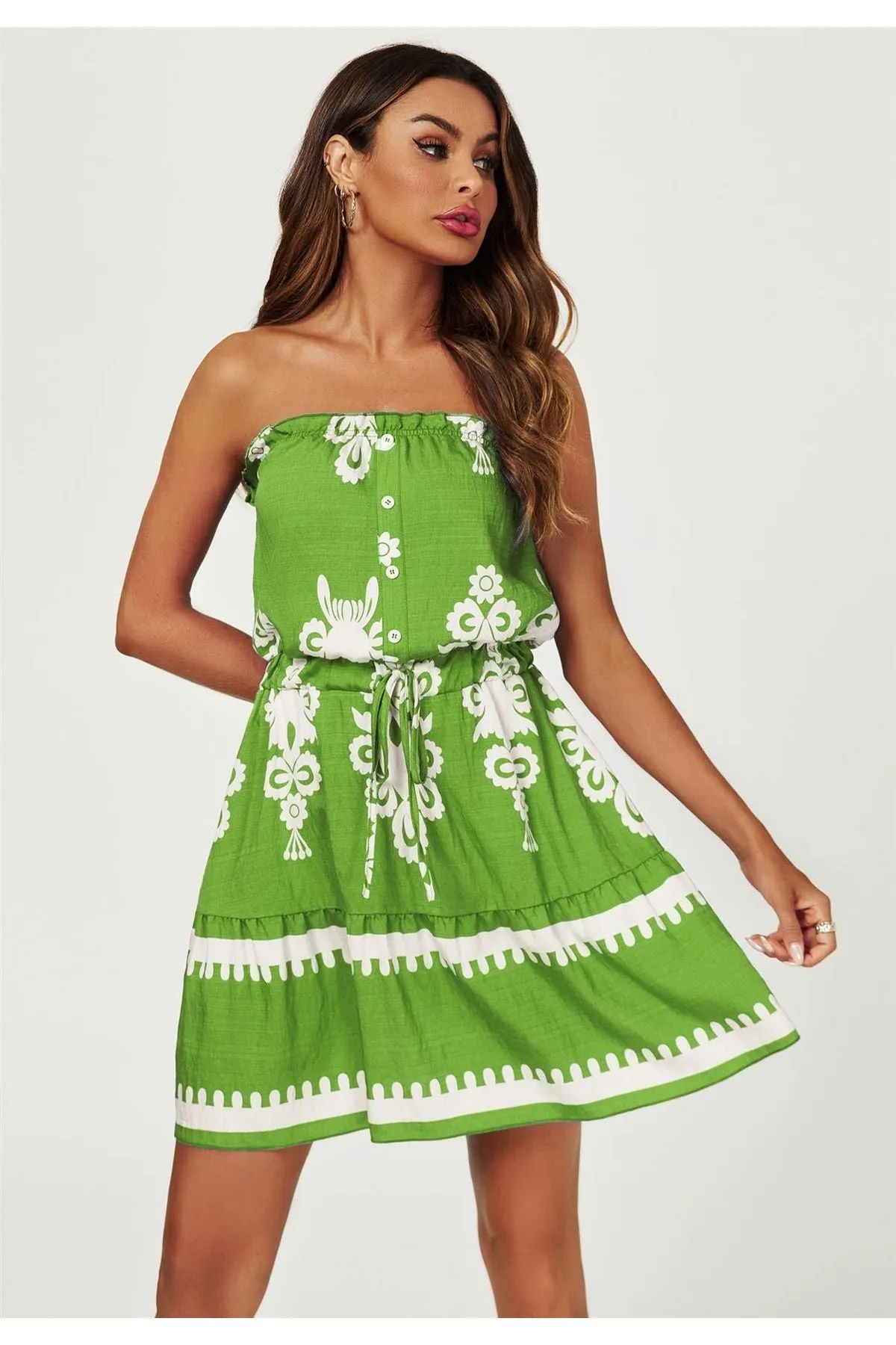 FS Collection Printed Broderie Strapless Mini Dress In Green sold by Goddiva product image thumbnail 3