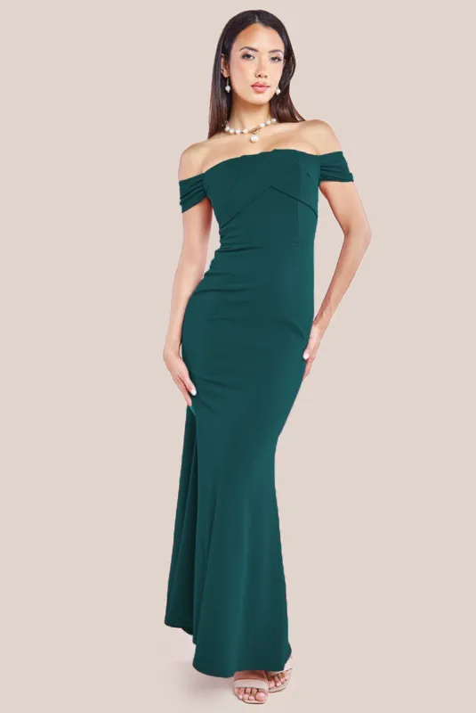 Pleated Bardot Scuba Maxi Dress - Emerald Green by Goddiva sold by Goddiva
