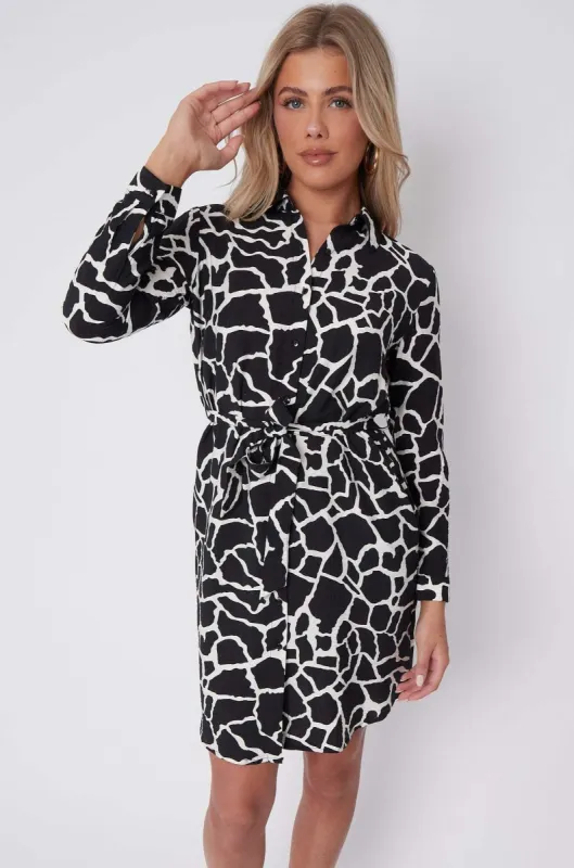 LOVE SUNSHINE Mono Giraff Print Mini Shirt Dress sold by Goddiva