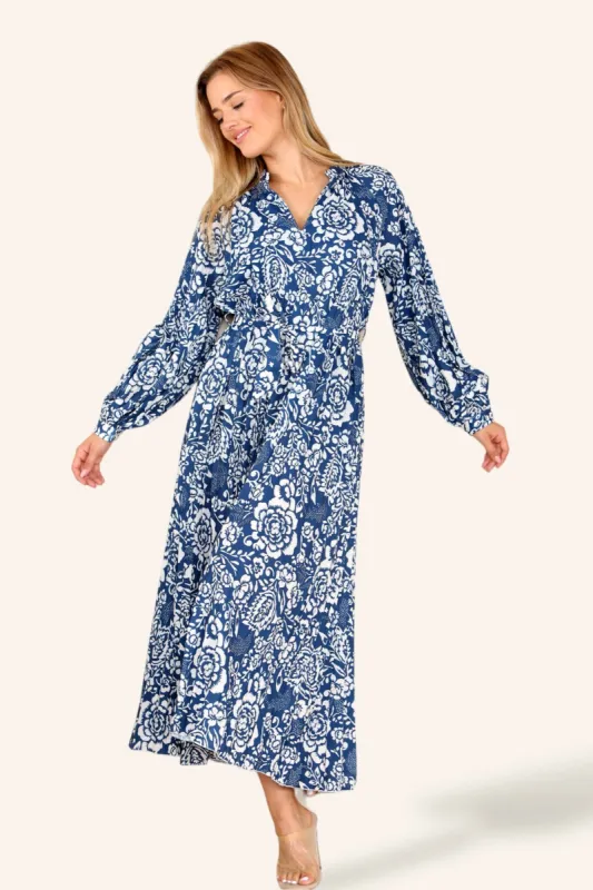 LOVE SUNSHINE Blue Floral Printed Belted Pleated Maxi Dress sold by Goddiva