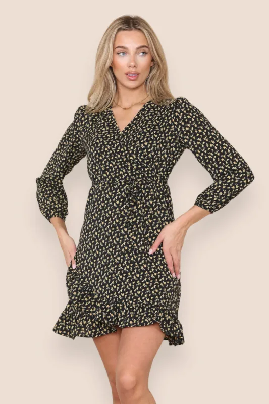 LOVE SUNSHINE Ditsy Floral Print Frilled Hem Wrapped Mini Dress sold by Goddiva