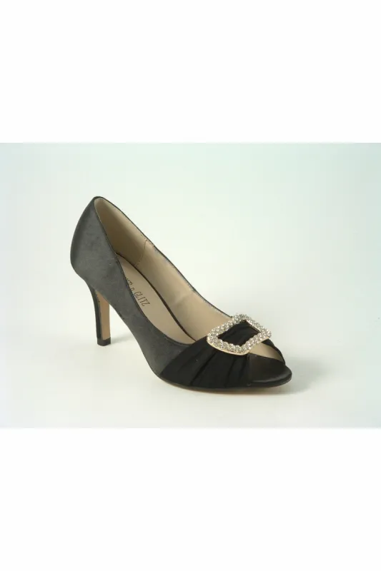 Glitz Shoes Diamante Black Satin Mid Heel Peep Toe Shoe sold by Goddiva