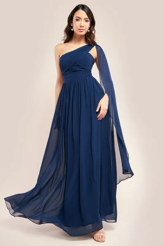 One Shoulder Pleated Chiffon Scarf Maxi - Navy by Goddiva sold by Goddiva