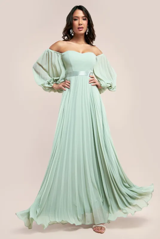 Bardot Chiffon Pleated Maxi - Sage Green by Goddiva sold by Goddiva