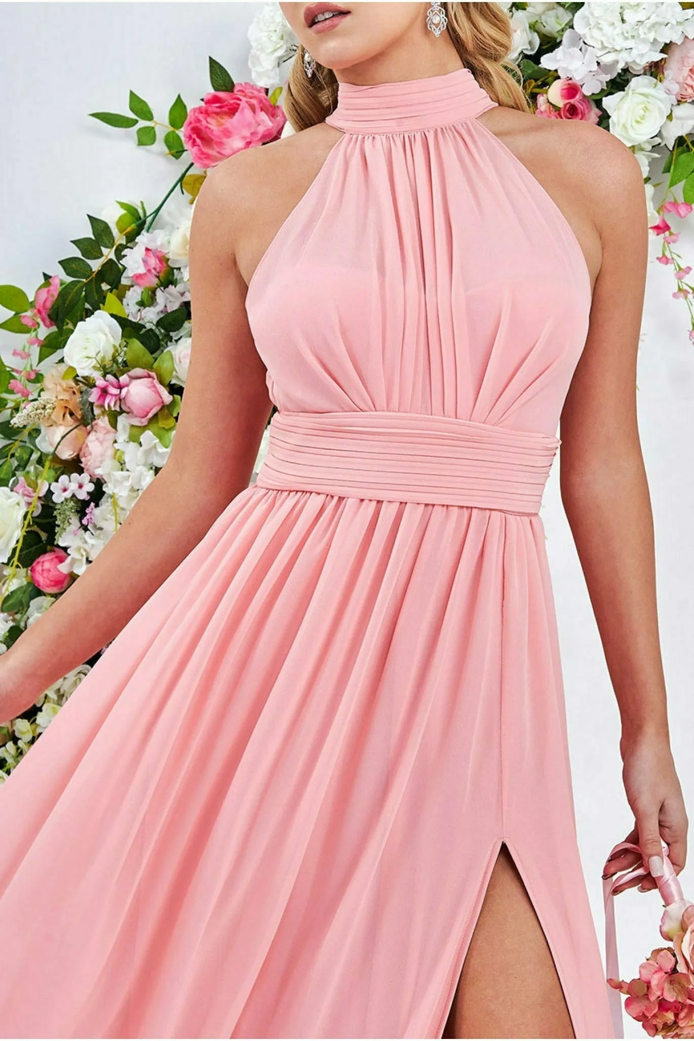 Halterneck Chiffon Maxi Dress With Thigh Split - Peach by Goddiva sold by Goddiva product image thumbnail 3