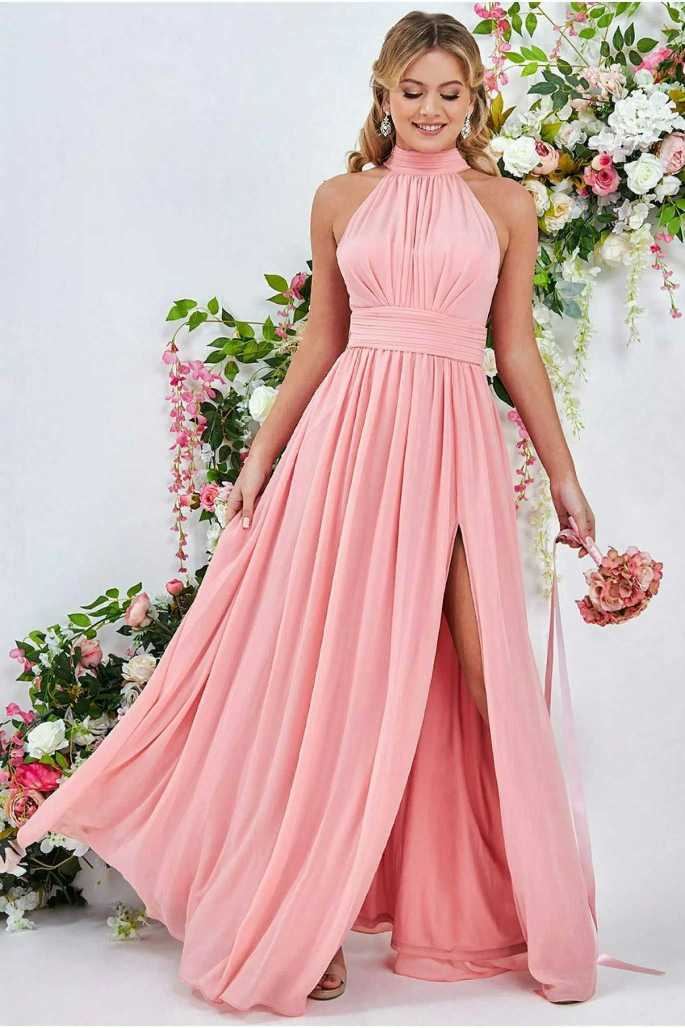 Halterneck Chiffon Maxi Dress With Thigh Split - Peach by Goddiva sold by Goddiva product image thumbnail 4