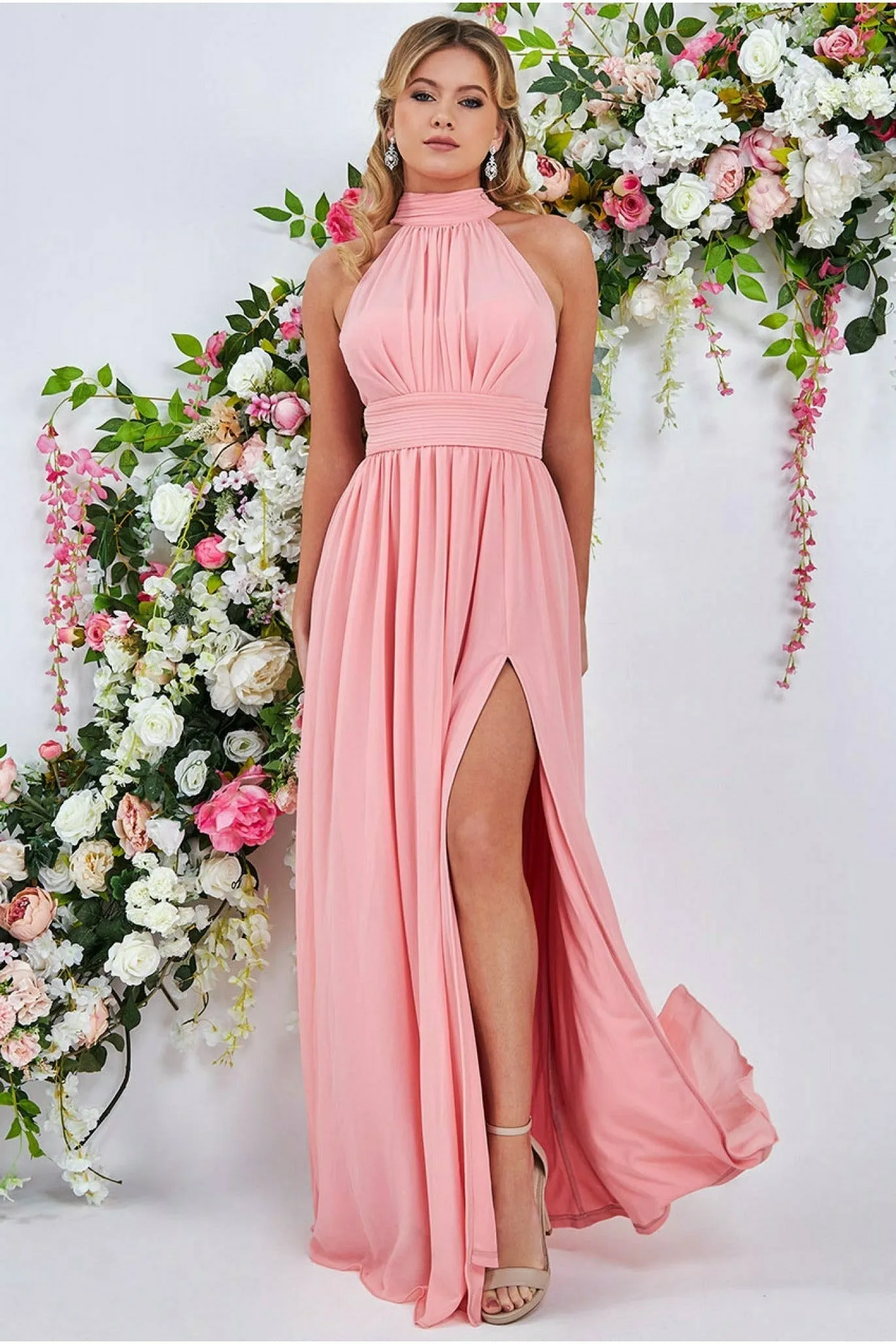 Halterneck Chiffon Maxi Dress With Thigh Split - Peach by Goddiva sold by Goddiva