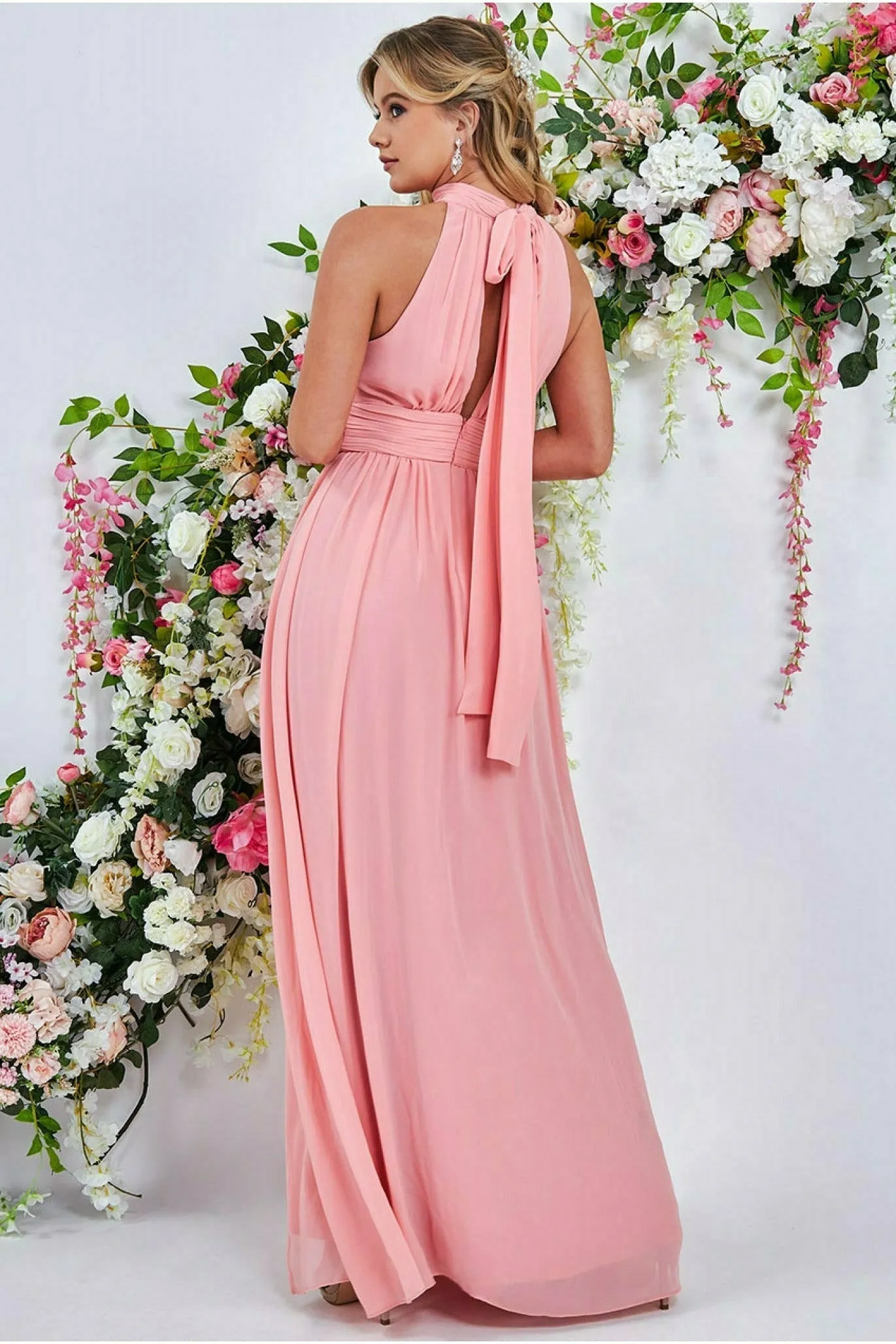 Halterneck Chiffon Maxi Dress With Thigh Split - Peach by Goddiva sold by Goddiva product image thumbnail 2