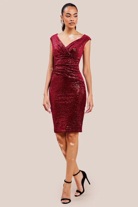 Sequin & Velvet Bardot Midi Dress - Wine by Goddiva sold by Goddiva