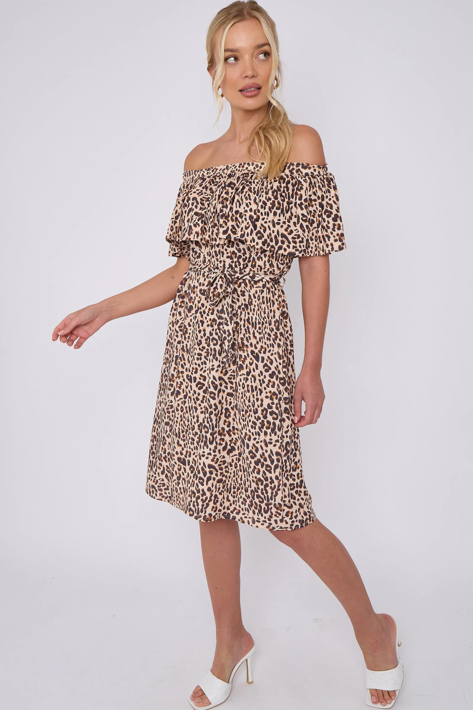 LOVE SUNSHINE Tan Leopard Print Bardot Mini Dress sold by Goddiva product image thumbnail 5