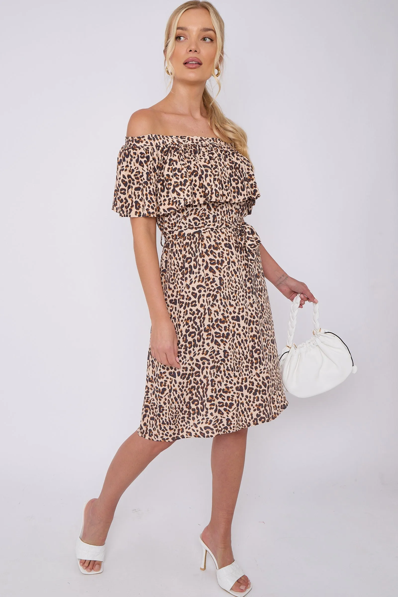 LOVE SUNSHINE Tan Leopard Print Bardot Mini Dress sold by Goddiva product image thumbnail 3