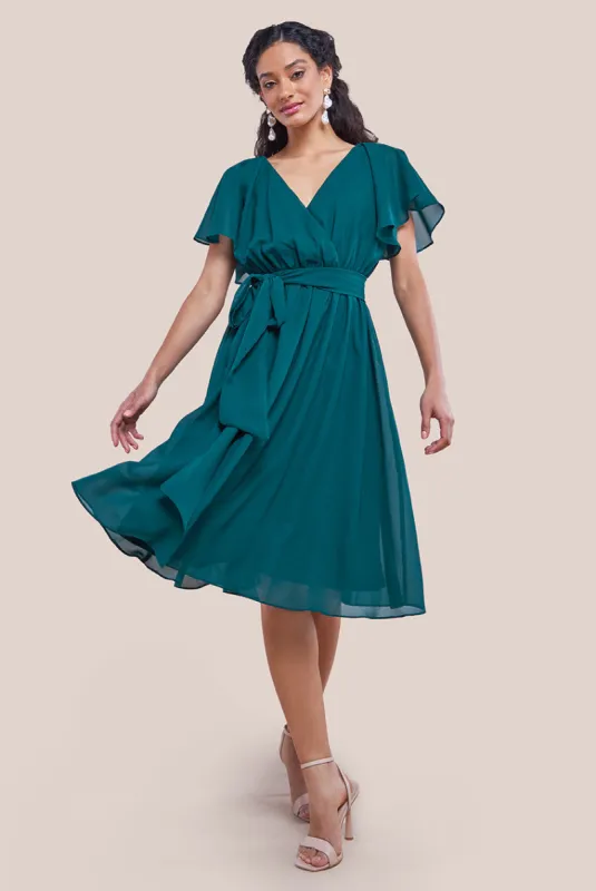 Sustainable Flutter Sleeve Chiffon Wrap Midi Dress - Green by Goddiva sold by Goddiva