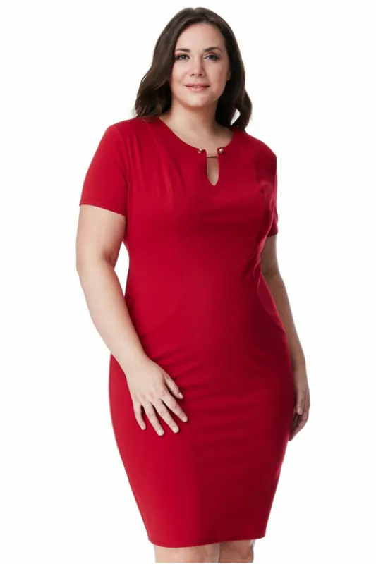 Goddiva Plus Fitted Midi Dress With Metal Bar Detail - Wine sold by Goddiva