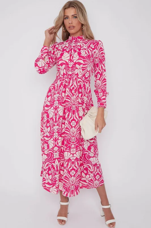 LOVE SUNSHINE Fuchsia Floral Print Pleated Skirt Midaxi Dress sold by Goddiva