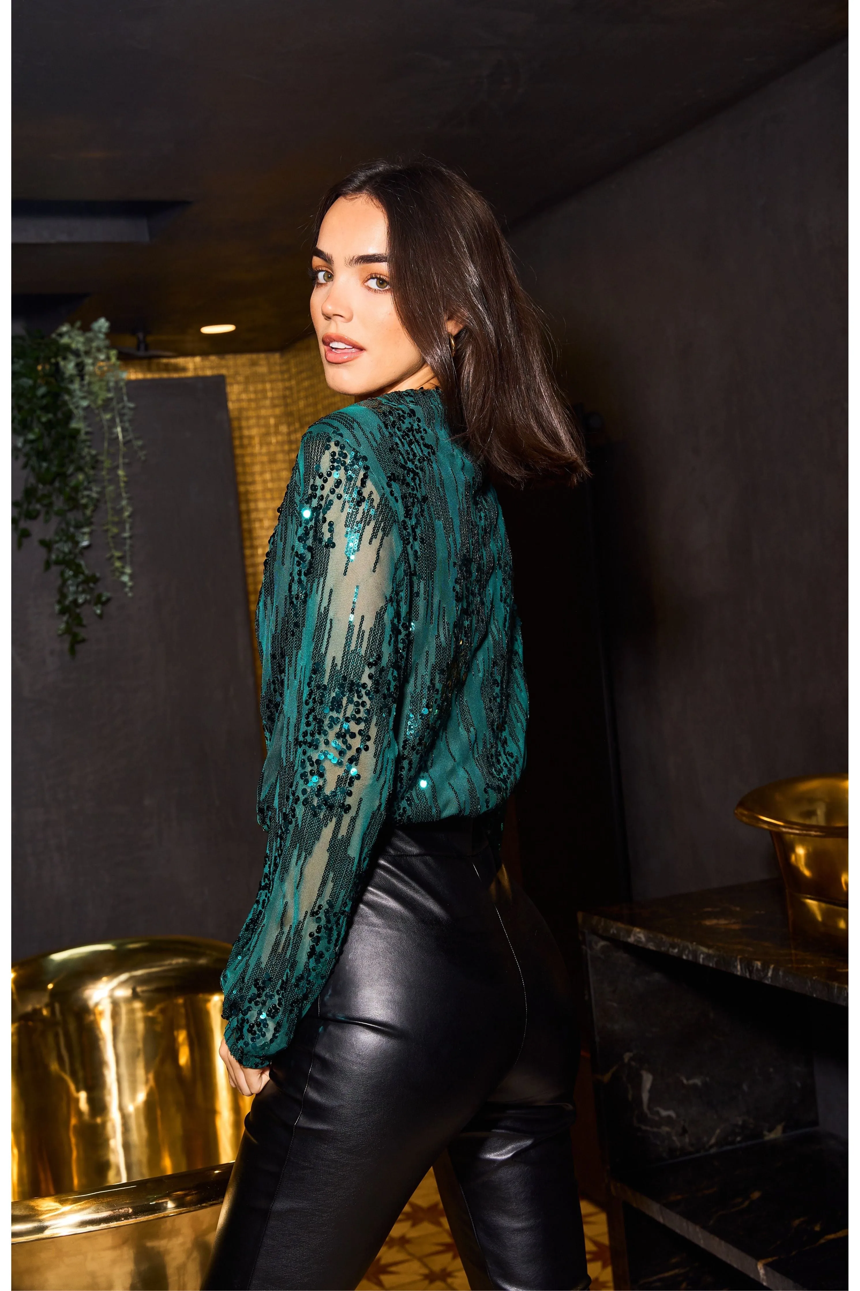 Sequin Wrap Bodysuit With Long Sleeve by Urban Touch sold by Goddiva product image thumbnail 4