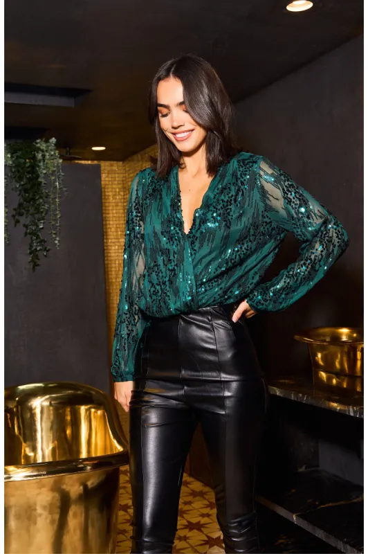 Sequin Wrap Bodysuit With Long Sleeve by Urban Touch sold by Goddiva