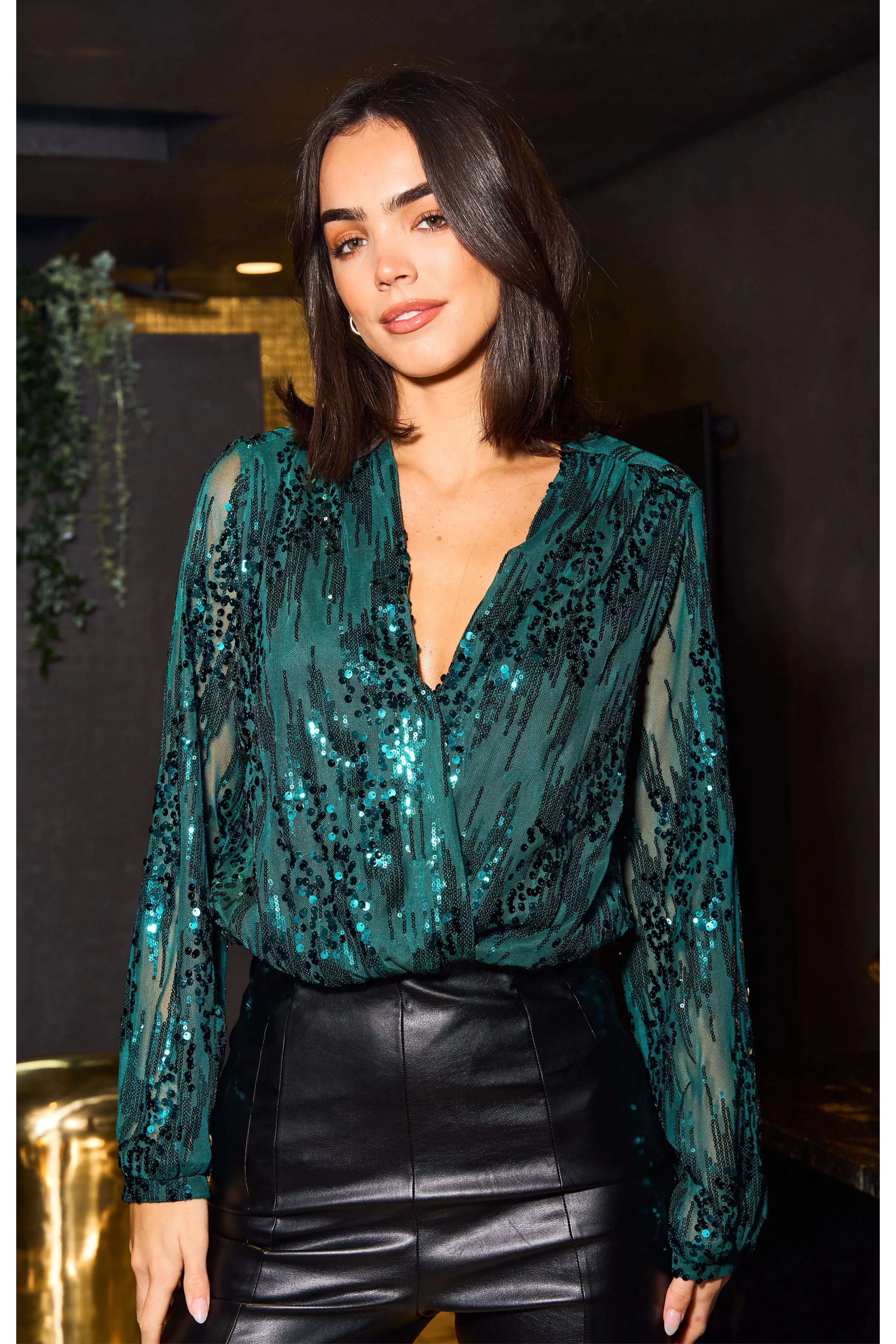 Sequin Wrap Bodysuit With Long Sleeve by Urban Touch sold by Goddiva product image thumbnail 2