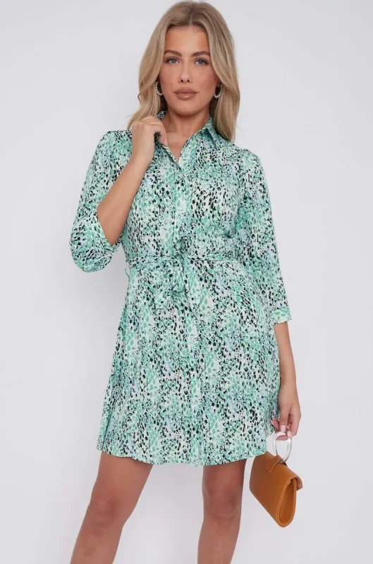 LOVE SUNSHINE Green Leopard Print Belted Mini Shirt Dress sold by Goddiva