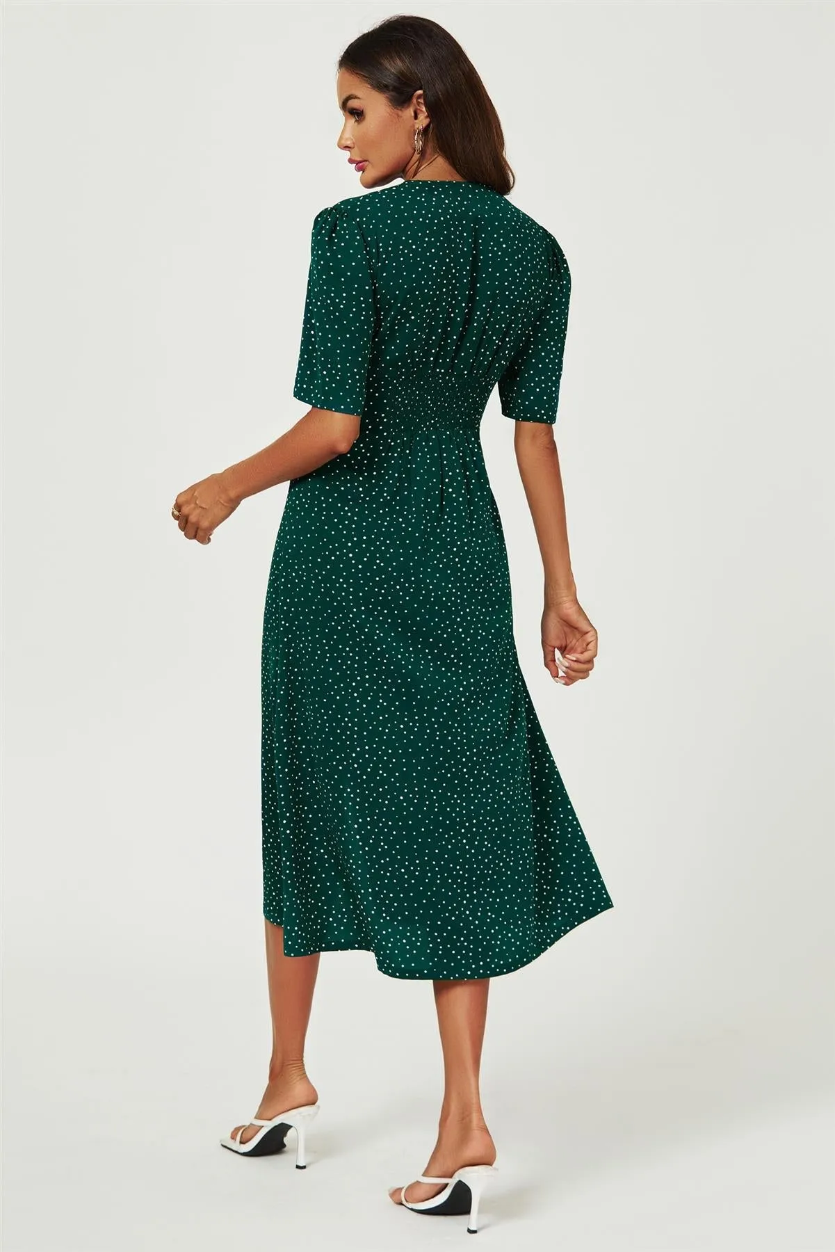 FS Collection Dot Print Button Front Midi Dress In Green sold by Goddiva product image thumbnail 5