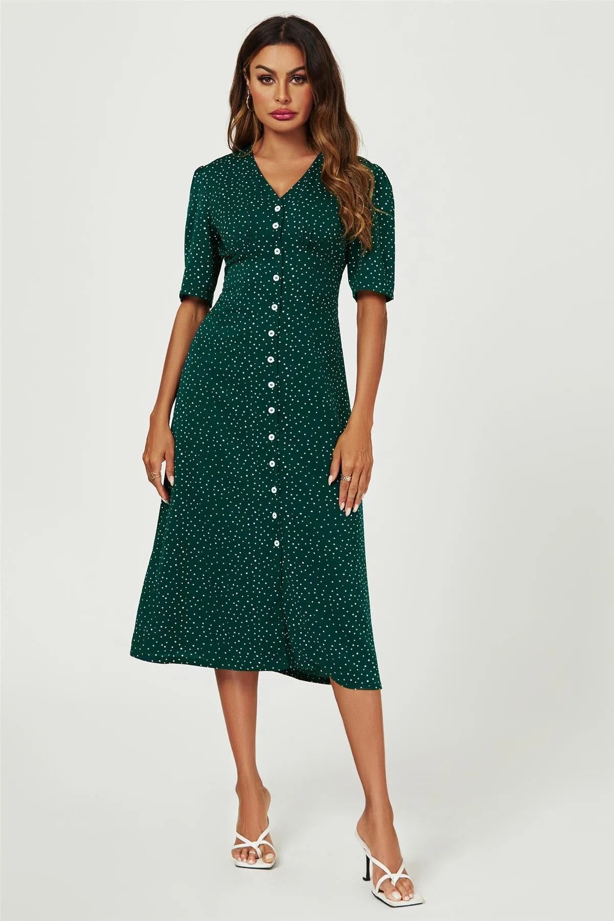 FS Collection Dot Print Button Front Midi Dress In Green sold by Goddiva product image thumbnail 2