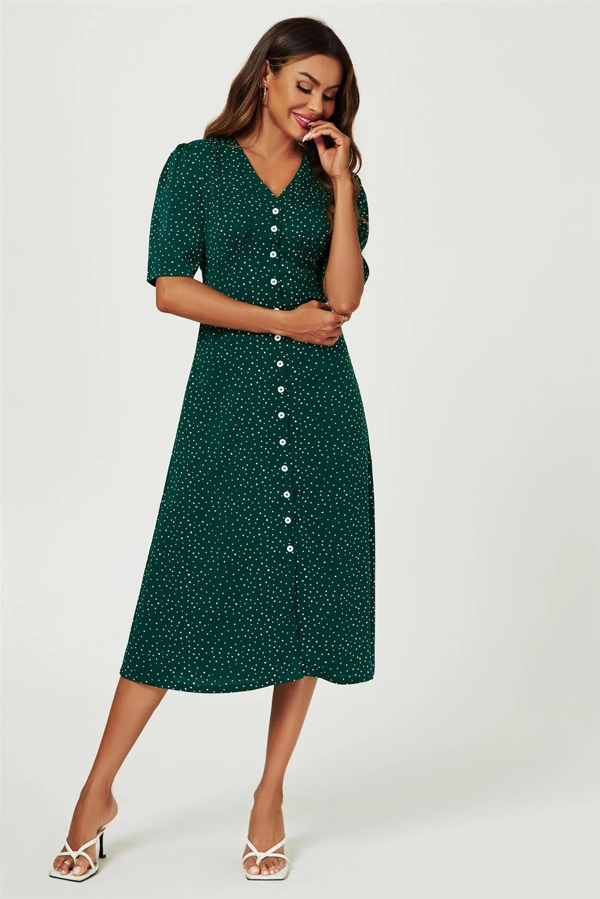 FS Collection Dot Print Button Front Midi Dress In Green sold by Goddiva product image thumbnail 3