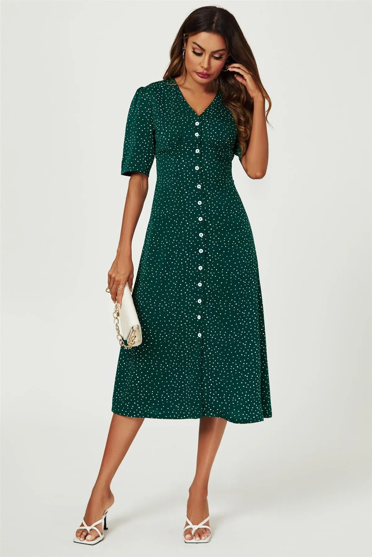 FS Collection Dot Print Button Front Midi Dress In Green sold by Goddiva product image thumbnail 4