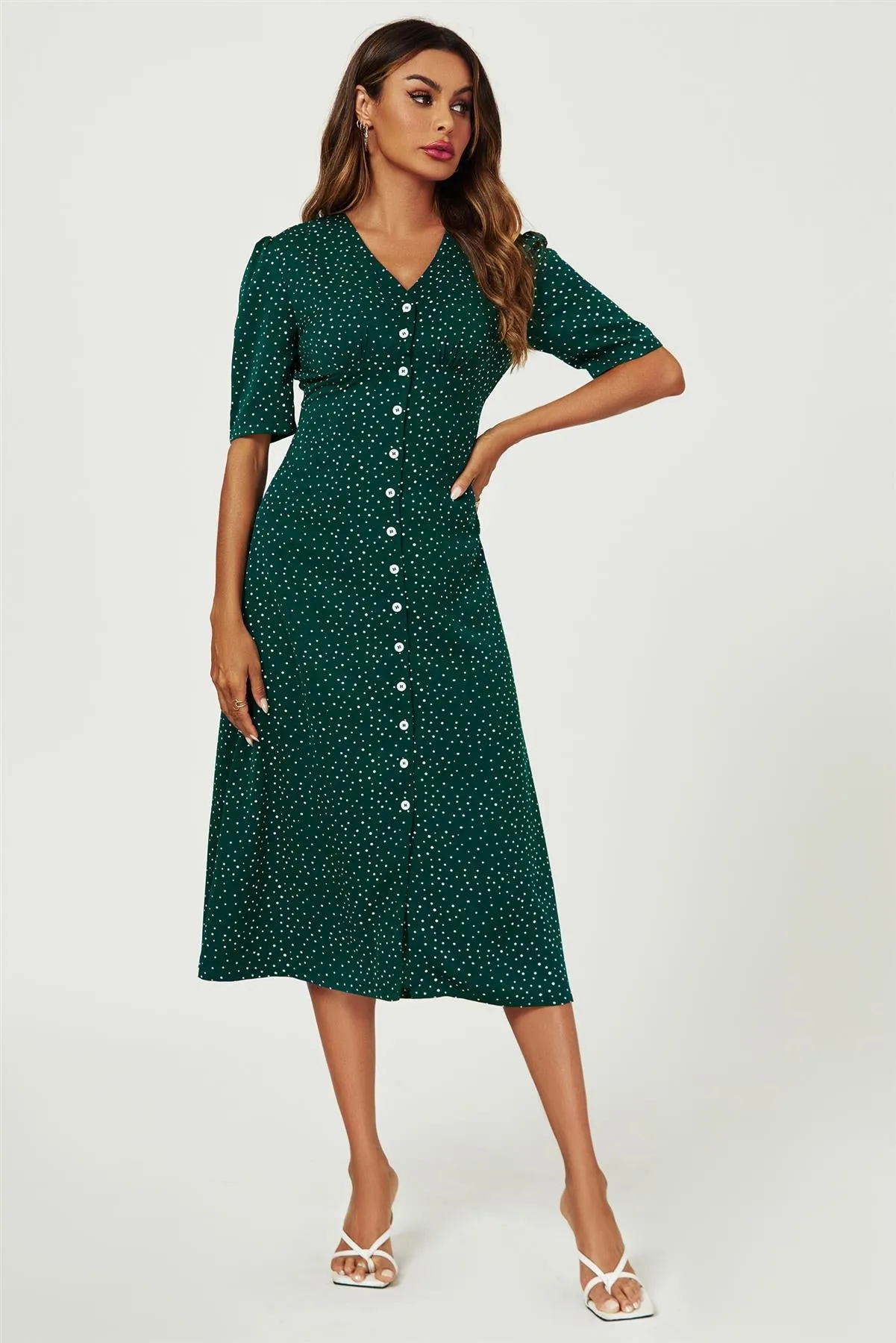 FS Collection Dot Print Button Front Midi Dress In Green sold by Goddiva