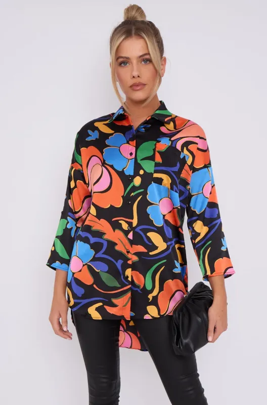 LOVE SUNSHINE Abstract Floral Print Satin Oversized Shirt made by Goddiva