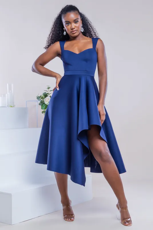 Asymmetric Flared Hem Midi Dress - Navy by Goddiva sold by Goddiva