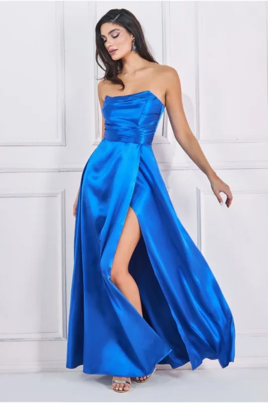 Goddiva Front Split Satin Bandeau Maxi - Royal Blue sold by Goddiva