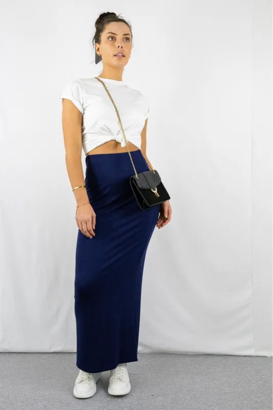 Signage Pencil Maxi Skirt In Navy sold by Goddiva