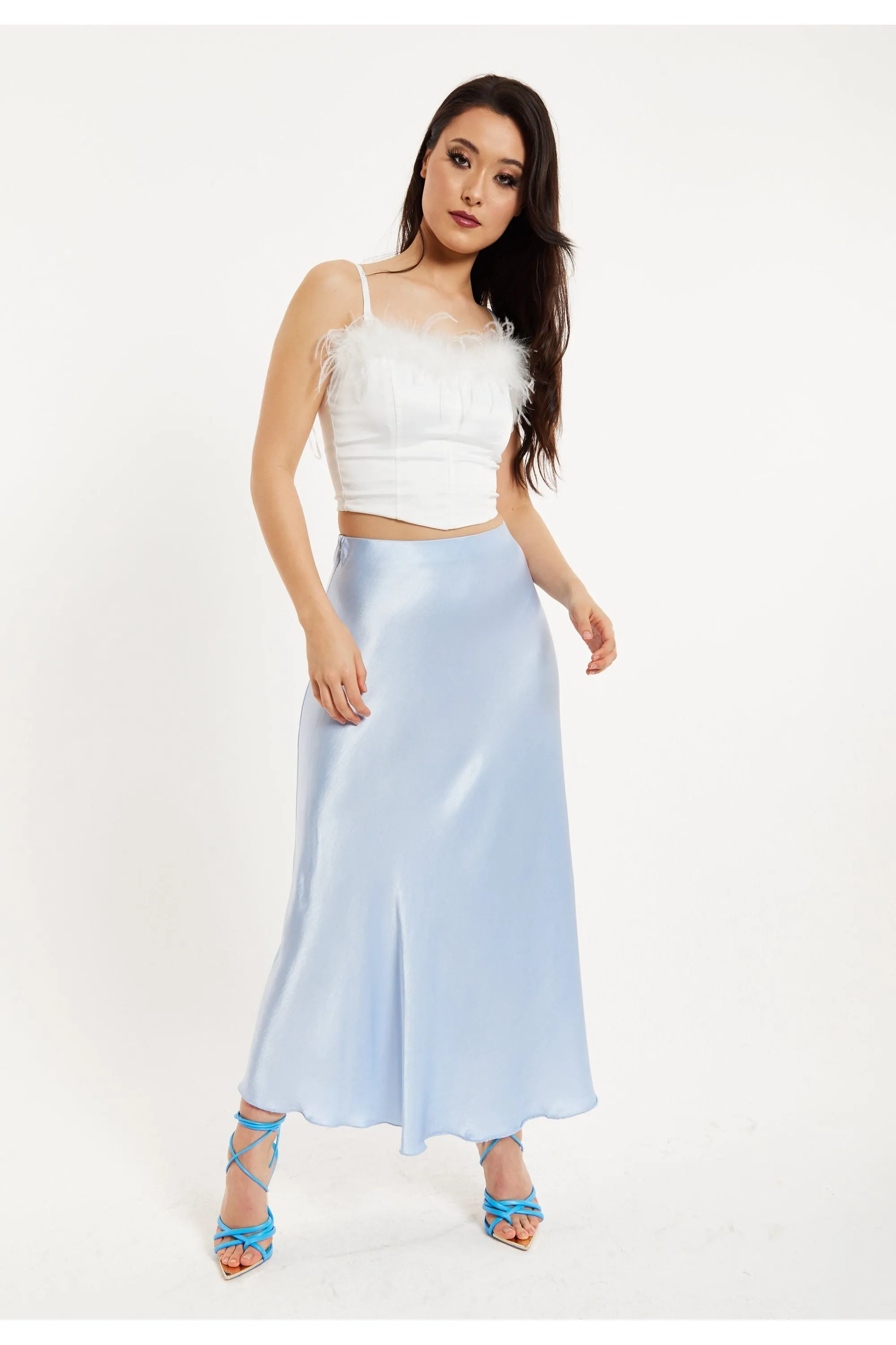 Bias Cut Aqua Blue Satin Skirt by Liquorish sold by Goddiva