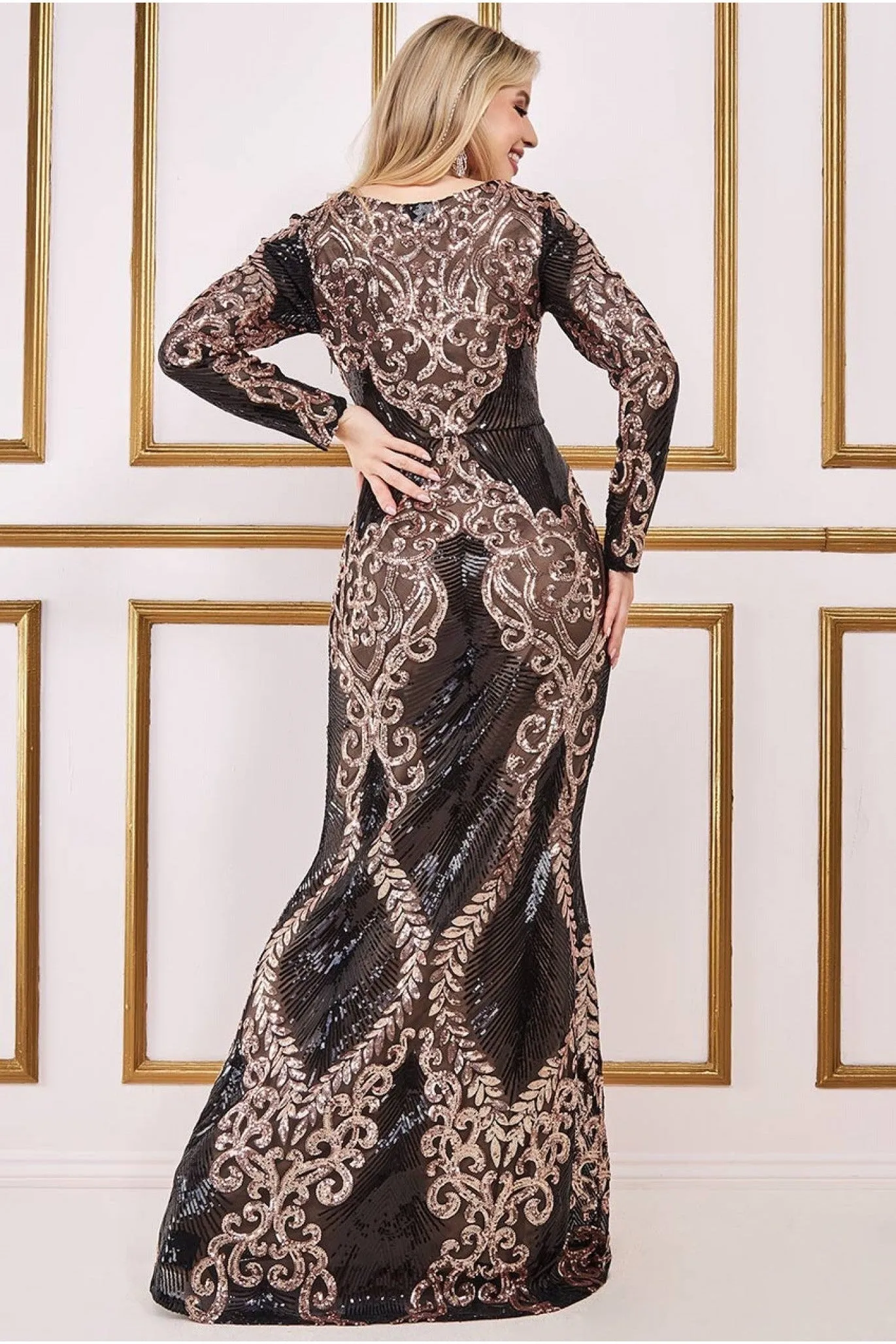 Contrast Sequin Long Sleeve Maxi Dress - Champagne by Goddiva sold by Goddiva product image thumbnail 2