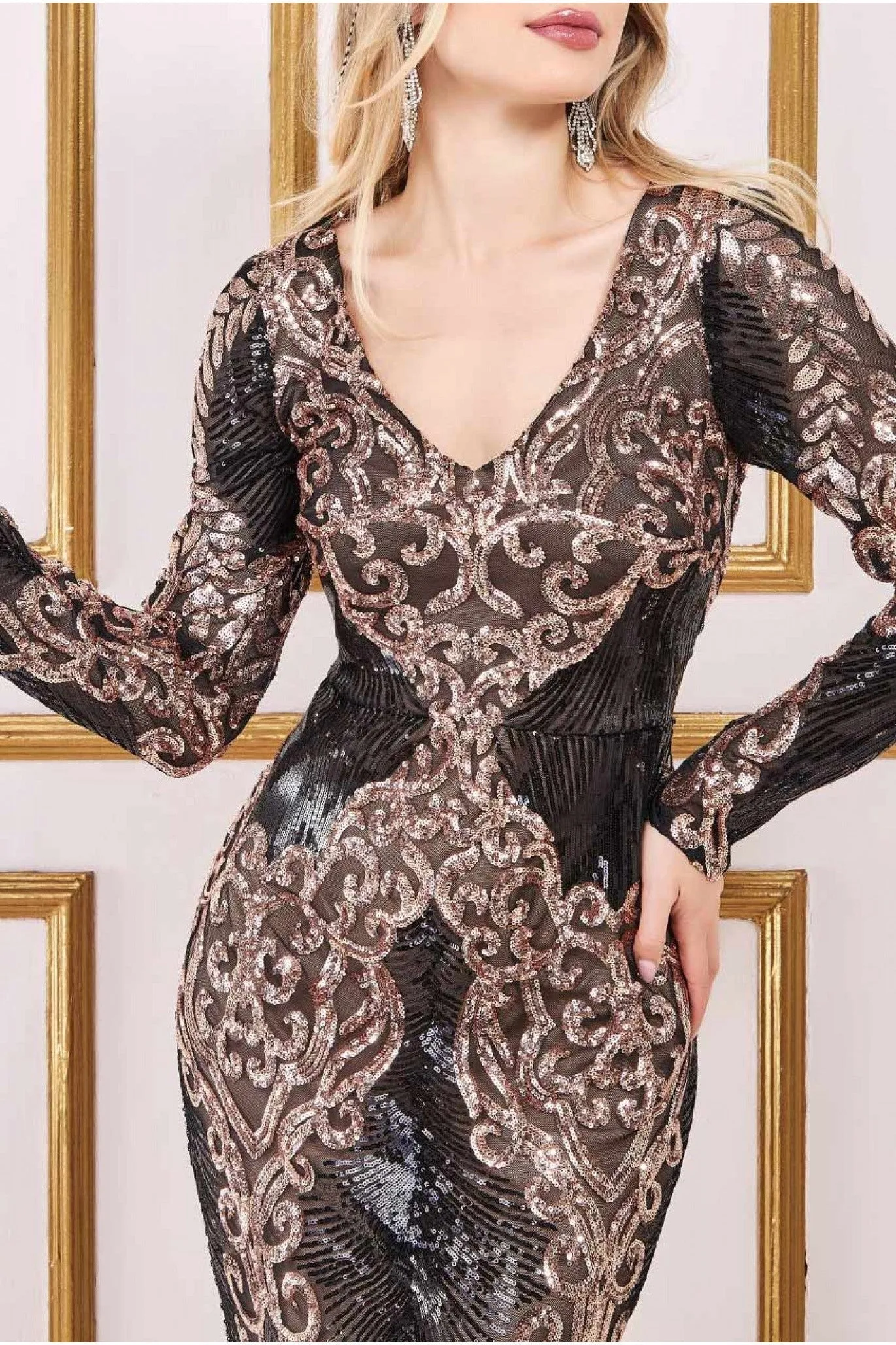 Contrast Sequin Long Sleeve Maxi Dress - Champagne by Goddiva sold by Goddiva product image thumbnail 3