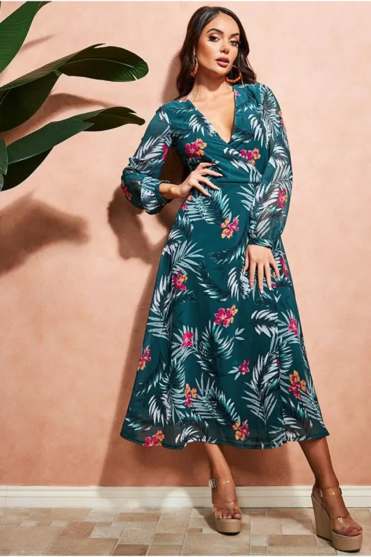 Floral Print Wrap Midi Dress - Green by City Goddess sold by Goddiva