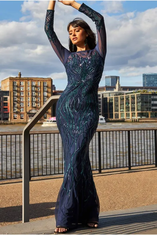 Goddiva Long Sleeve Sequin Flame Maxi Dress - Navy sold by Goddiva