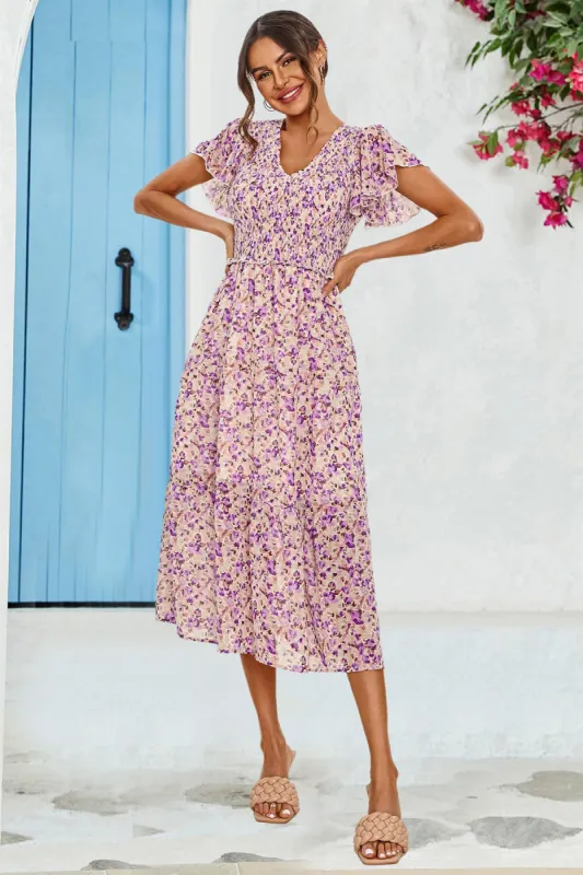 FS Collection Floral Print Angel Sleeve Midi Dress In Purple sold by Goddiva