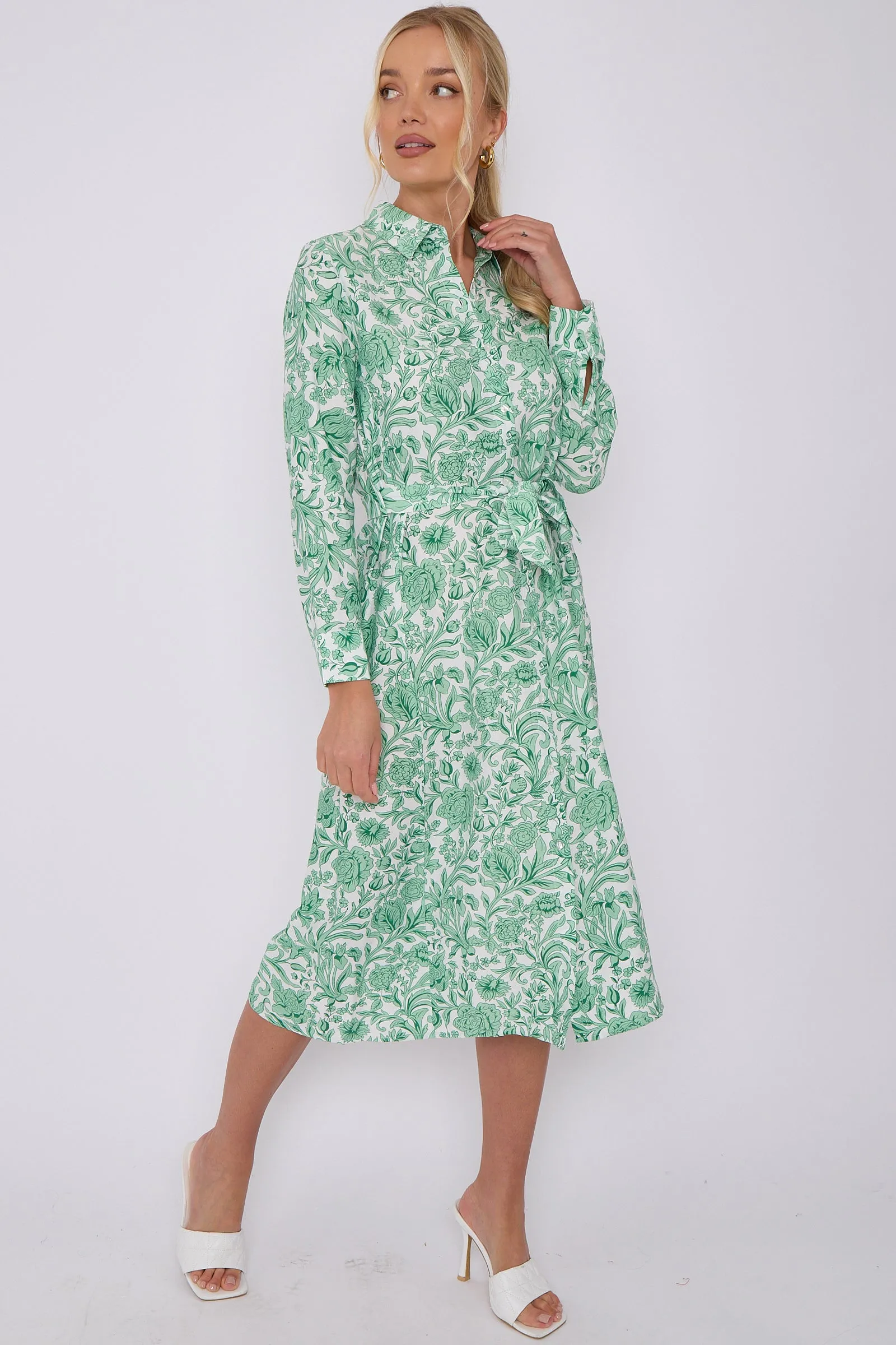 Green Rose Floral Print Long Sleeve Midi Shirt Dress by LOVE SUNSHINE sold by Goddiva product image thumbnail 3
