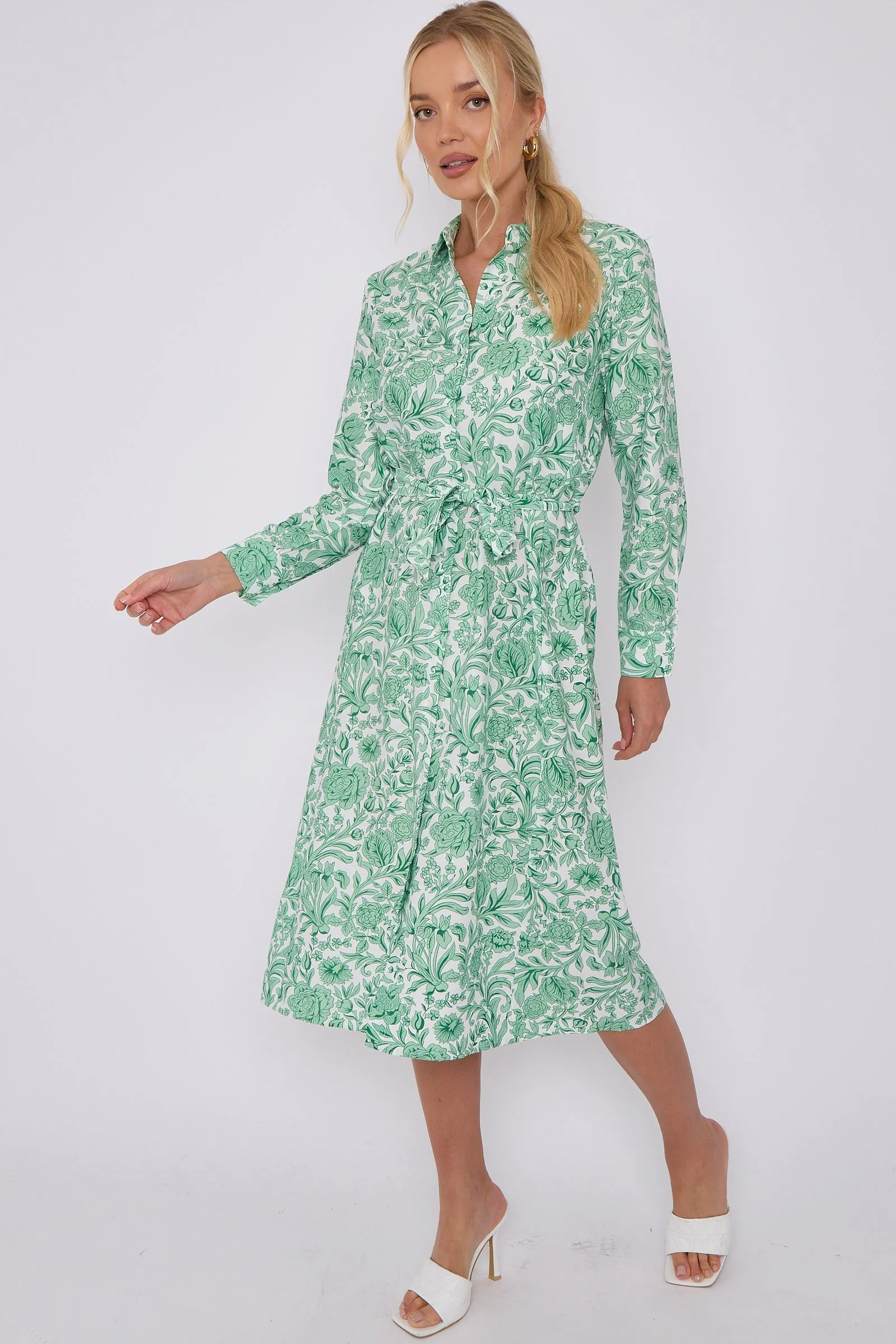 Green Rose Floral Print Long Sleeve Midi Shirt Dress by LOVE SUNSHINE sold by Goddiva product image thumbnail 4
