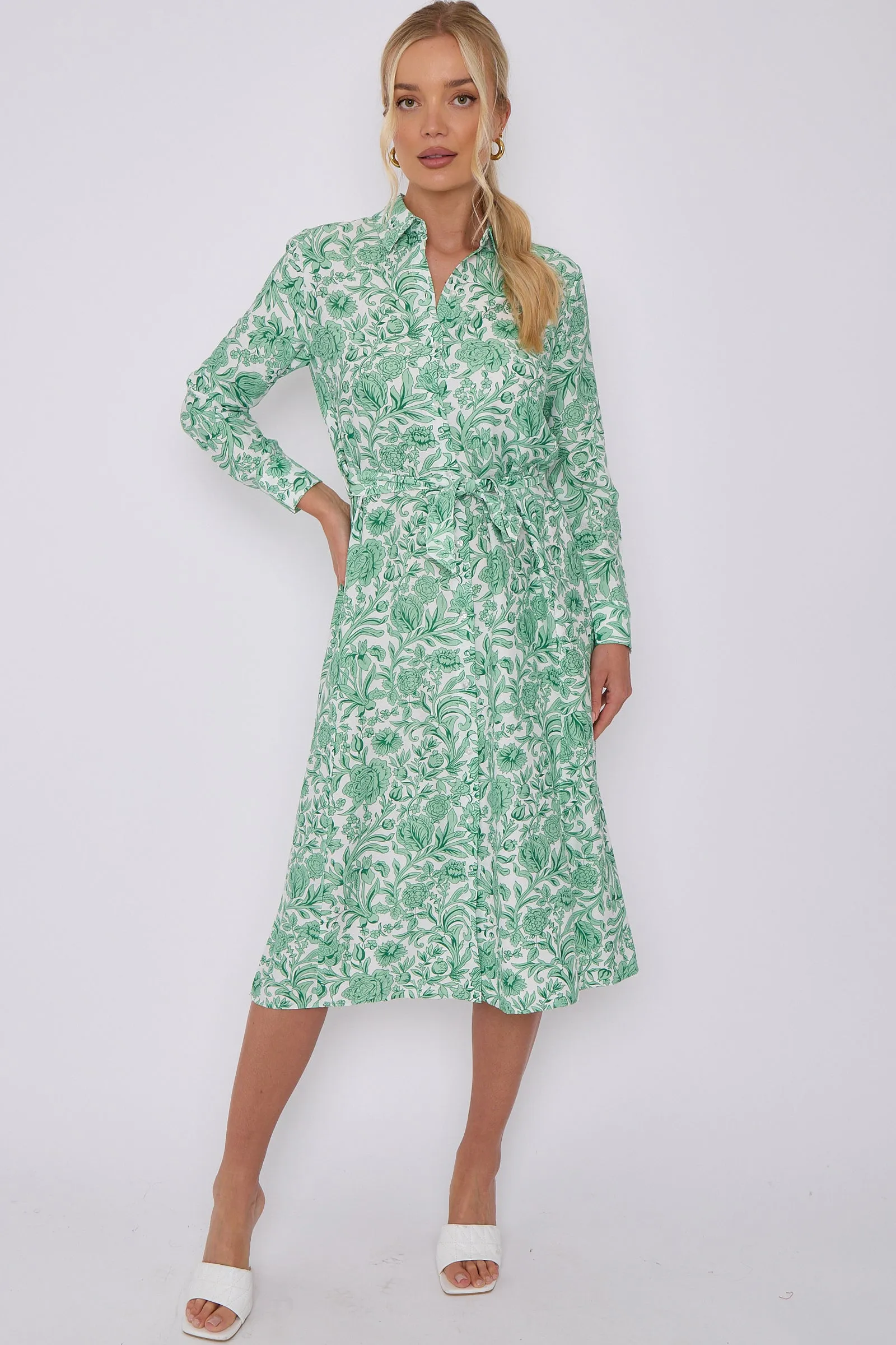 Green Rose Floral Print Long Sleeve Midi Shirt Dress by LOVE SUNSHINE sold by Goddiva