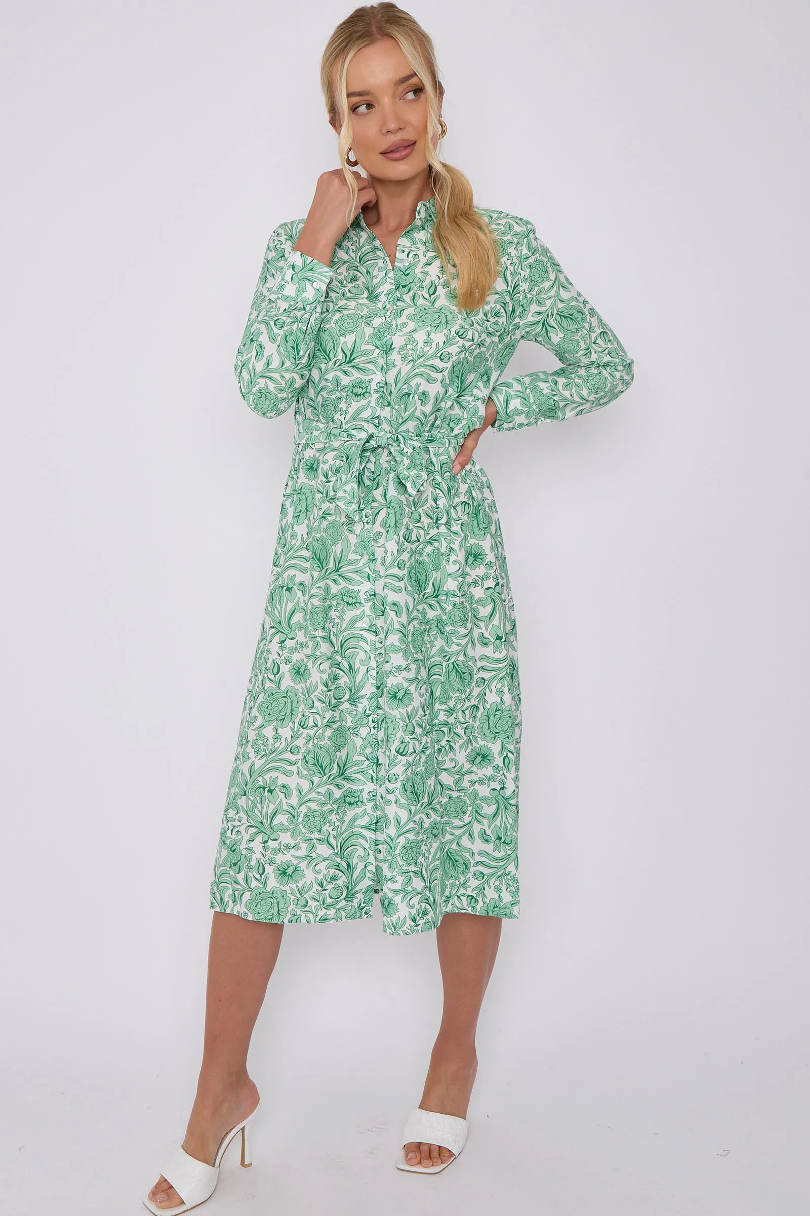 Green Rose Floral Print Long Sleeve Midi Shirt Dress by LOVE SUNSHINE sold by Goddiva product image thumbnail 5