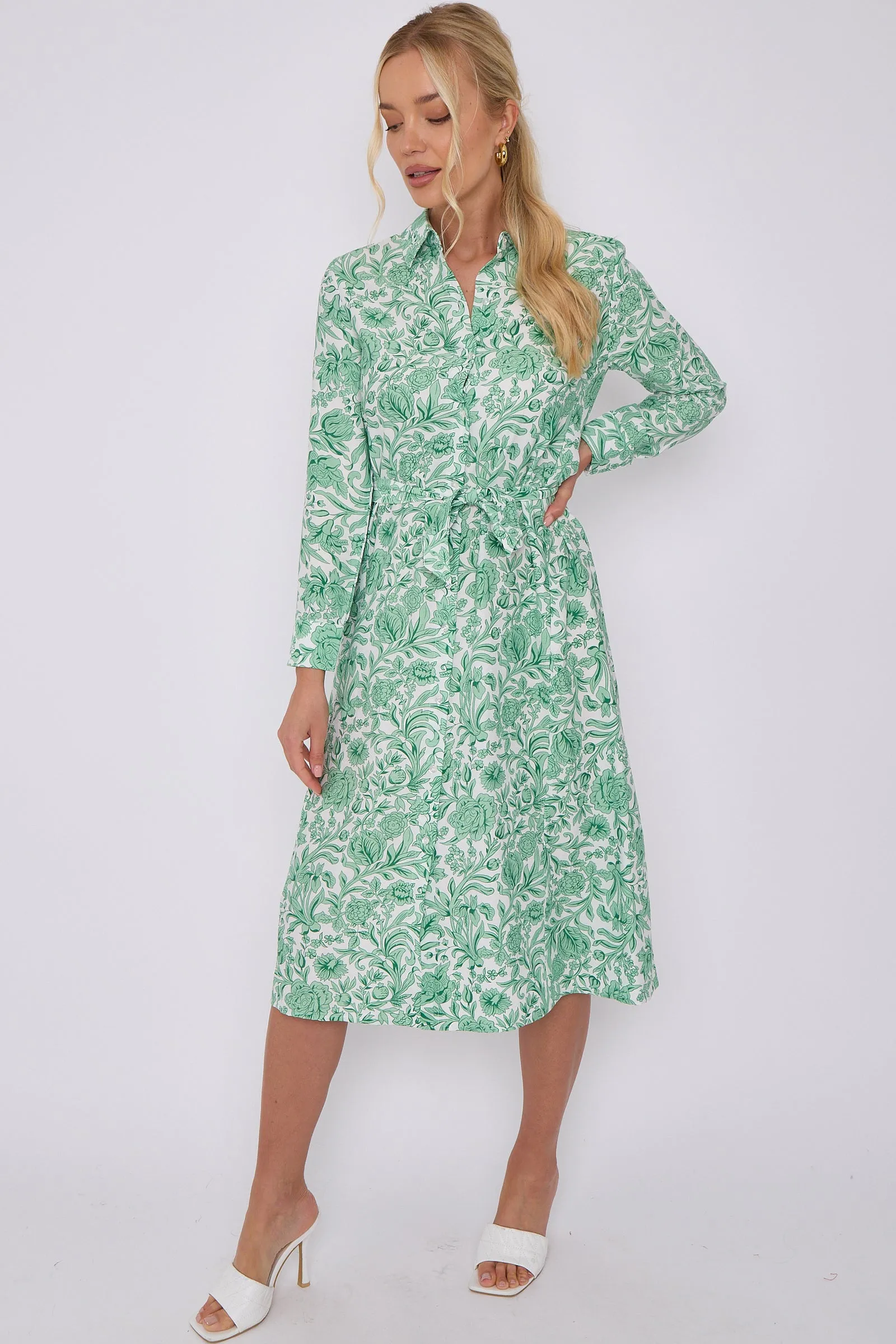 Green Rose Floral Print Long Sleeve Midi Shirt Dress by LOVE SUNSHINE sold by Goddiva product image thumbnail 2