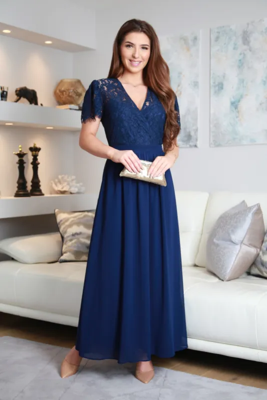 Double Second Navy Lace Wrap Front Maxi Dress sold by Goddiva