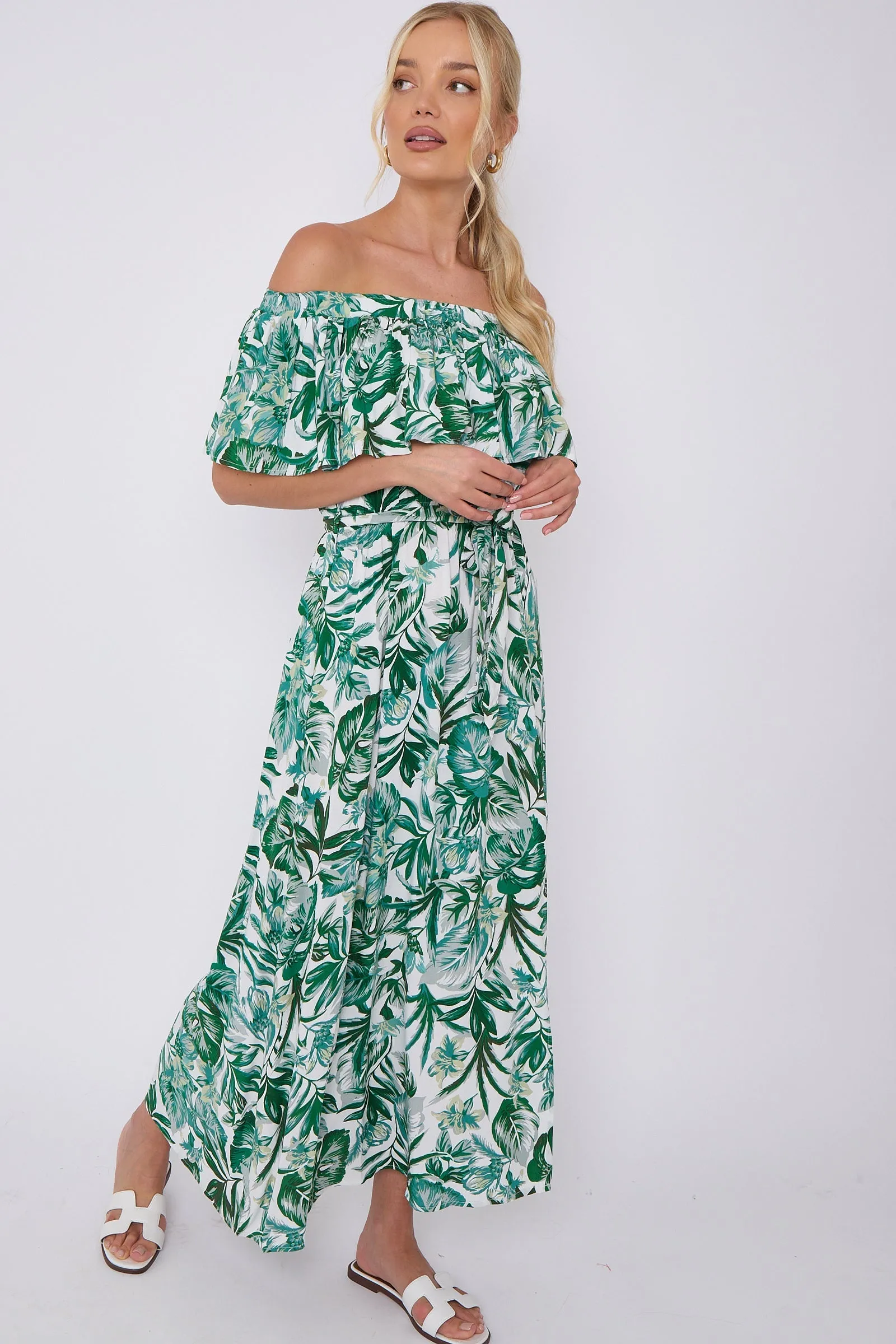 Green Leaf Floral Print Bardot Maxi Dress by LOVE SUNSHINE sold by Goddiva product image thumbnail 4