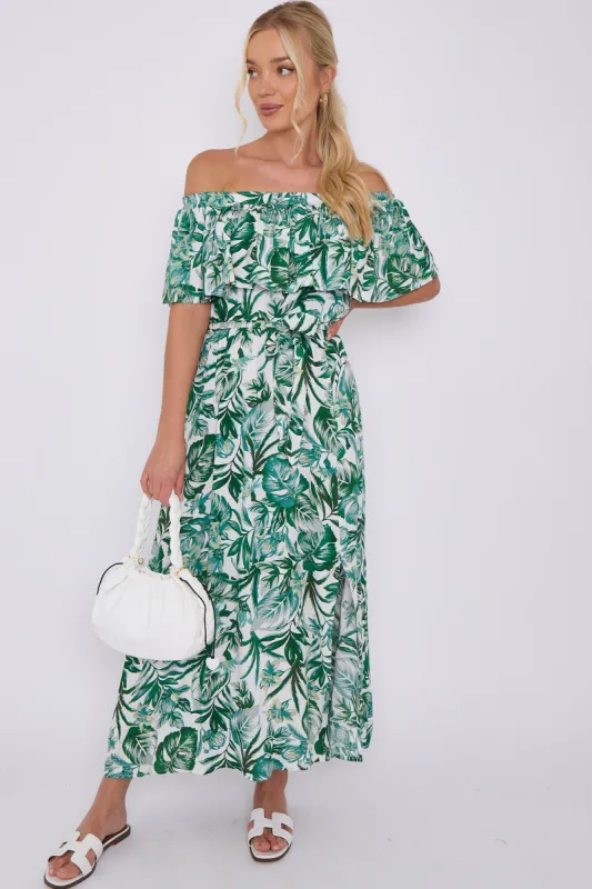 Green Leaf Floral Print Bardot Maxi Dress by LOVE SUNSHINE sold by Goddiva