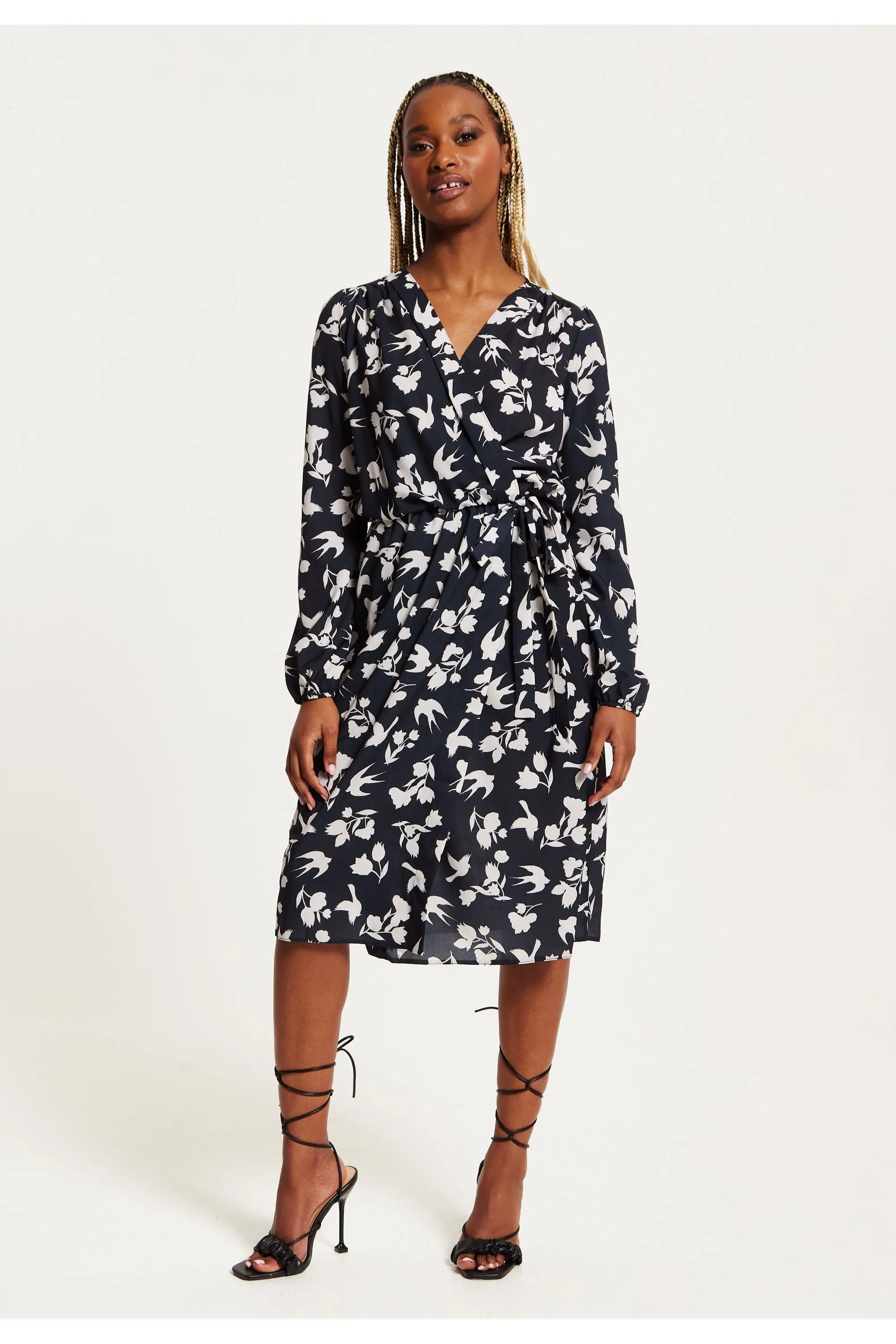 Liquorish Floral And Bird Print Midi Fake Wrap Dress In Navy sold by Goddiva product image thumbnail 3